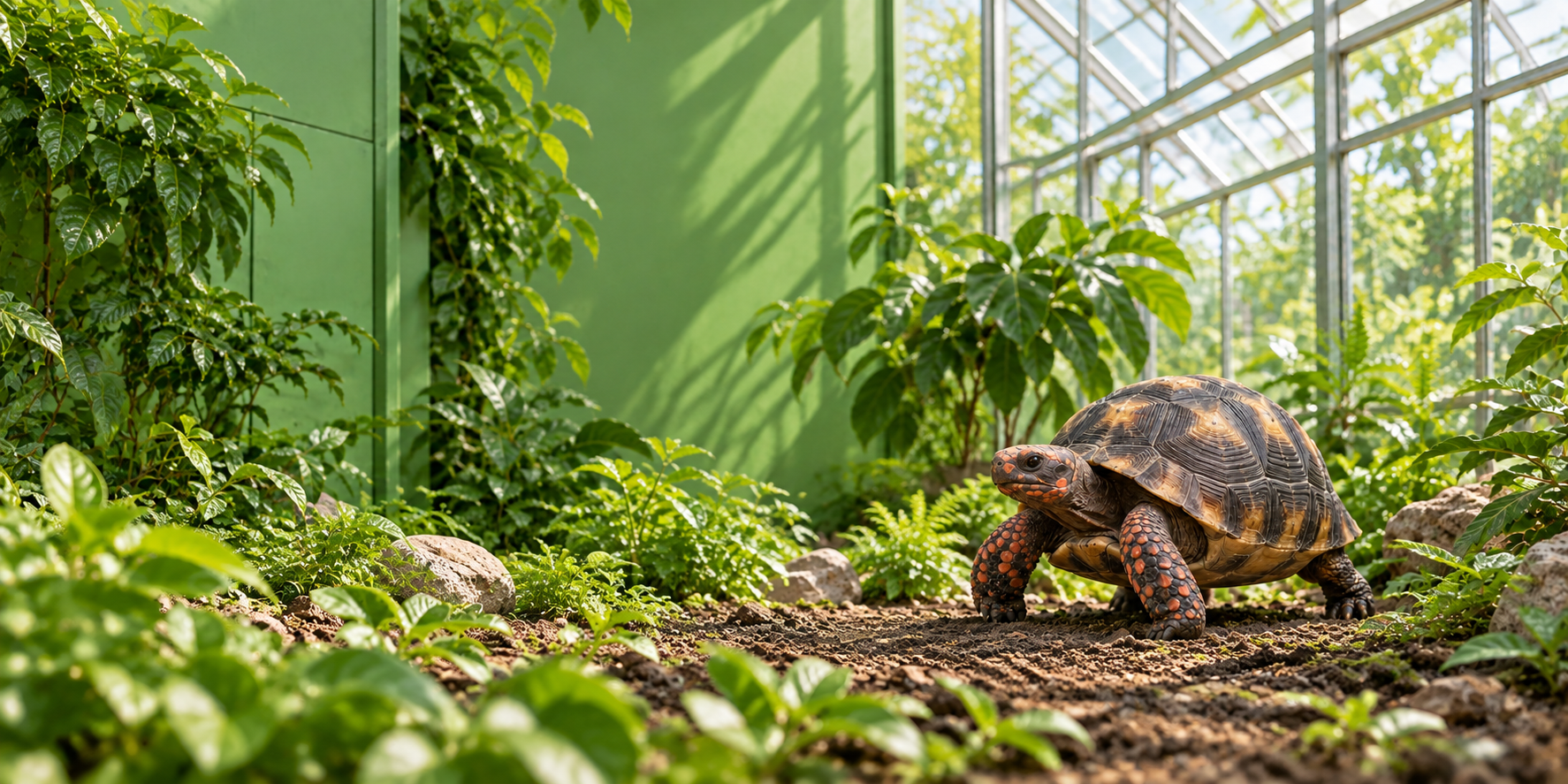 Red-footed tortoise walking through a bright conservatory